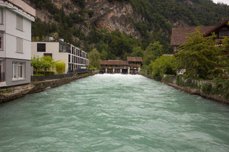 Aare river in the city of Unterseen in the Bernese Oberlandの写真素材