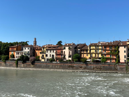 Houses in Verona in Italy with the river Adige in the foregroundの写真素材