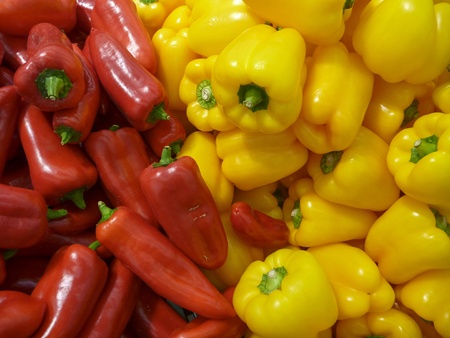 a background of many fresh red and yellow peppersの写真素材