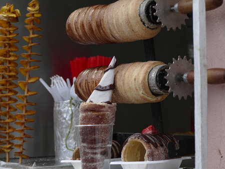 a stall with tasty traditional sweet czech trdloの写真素材