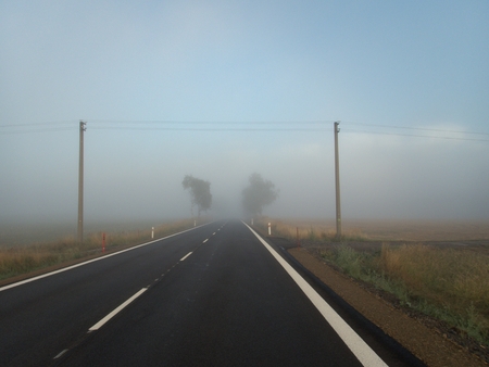 a czech countryside road in a morning mist