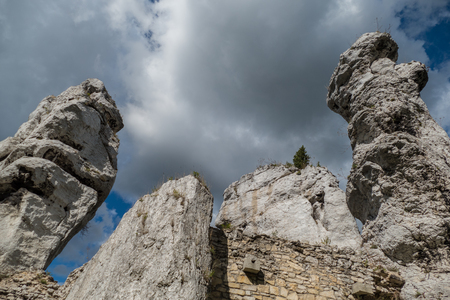 a limestone rock tower in natural park in polandの写真素材