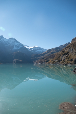 autumn hike to grosses Wiesbachhorn in glocknergruppe  hohe tauern in austria from Kaprun around mooserboden dam and heinrich schweiger haus hutteの写真素材