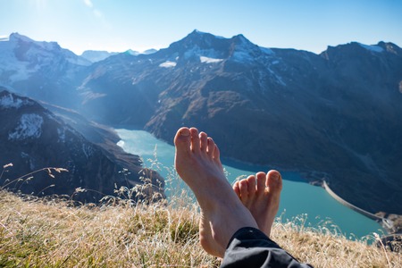 a quiet relaxation above mooserboden dam in austrin alpsの写真素材