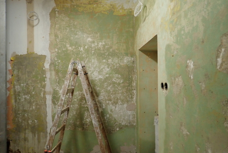 an old wooden ladder on a building siteの写真素材