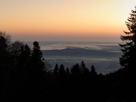 beautiful romantic sunrise at the pohorje mountain above maribor in slovenia