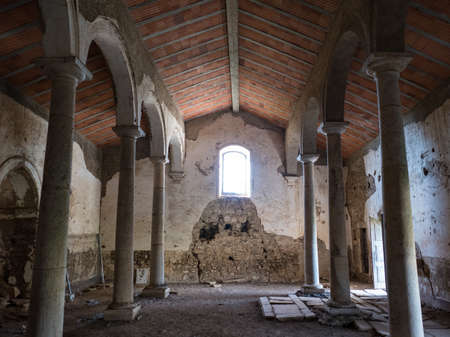 empty buildings of abandoned fortress Juromenga in portugal borderのeditorial素材