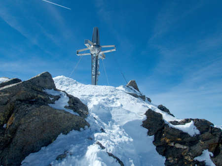 winter adventure skitouring in stubaier alpes mountains in austriaの写真素材