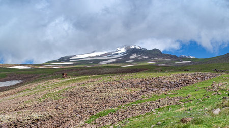 hiking aragats the highest mountain in armenia in early summerの写真素材