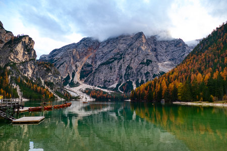 batutiful autumn nature in famous rocky dolomites mountainsの写真素材