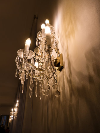 luxury crystal glass chandelier in a castle in Pragueの写真素材