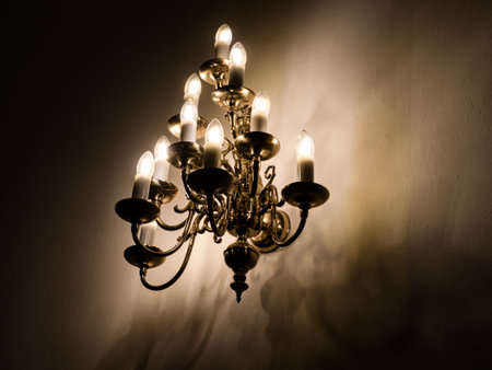 luxury crystal glass chandelier in a castle in Pragueの写真素材