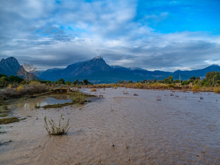 flooded river bed in Turkey after heavy rainの写真素材