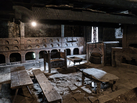 inside a traditional Svaneti house in Mestia Georgiaの写真素材