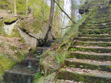 walking old stairs in a park in the city