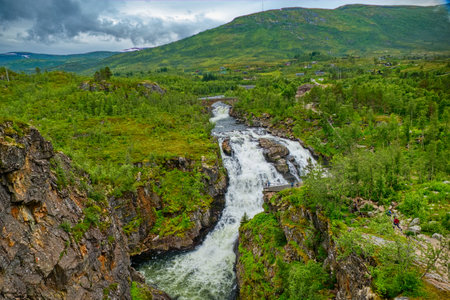 beautiful amazing voringsfossen waterfall in norway hardanhenvida scandinaviaの写真素材