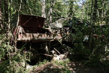 bastnas cemetery of cars in sweden border with norwayの写真素材