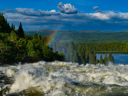 amazing beautiful powerful waterfall tannforsen in swedenの写真素材