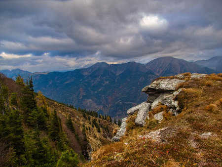 beautiful chilly autumn hiking in secauer alpen austria europeの写真素材