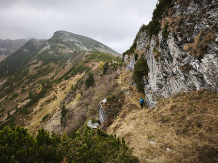 beautiful chilly autumn hiking in secauer alpen austria europeの写真素材