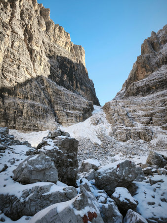 Mountains in the Dolomites in winter, Veneto, Italyの写真素材