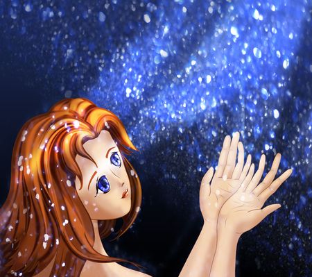 Small pretty girl watching snowflakes swirlingの写真素材