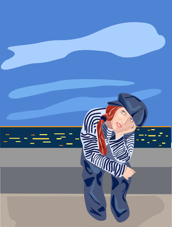 Thoughtful girl in sailor's striped vestのイラスト素材