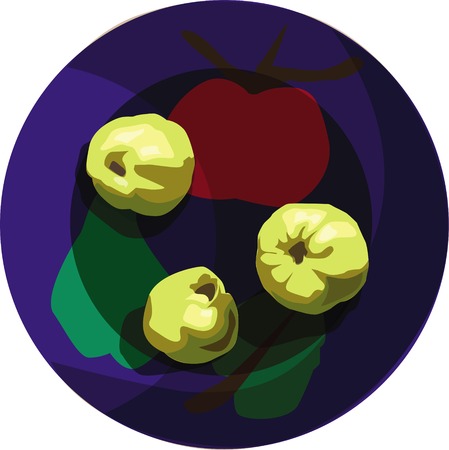 Three quince on bright-colored plateのイラスト素材