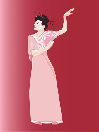 Japanese girl dancing with fanのイラスト素材