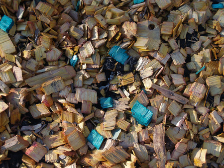 pattern of yellow and  blue  wood chipsの写真素材
