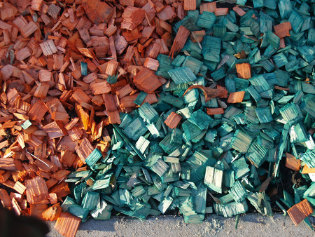 pattern of yellow-red and greeny blue  wood chipsの写真素材