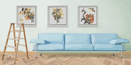 Interior with sofa and pictiures on the wall, just hangedのイラスト素材