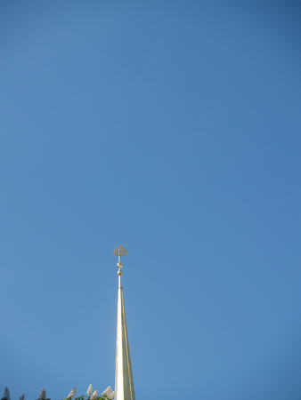The weathercock on the spire and flower clusters against blue skyの写真素材