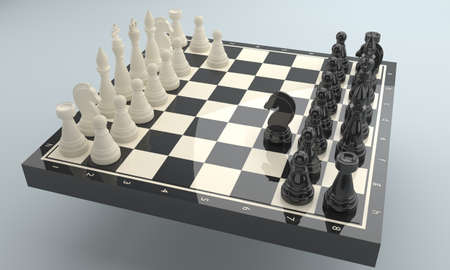 3d rendering porcelain chessmen on glossy chessboard. first mmoves of Nimzovich-Larsen attack, Indian variationの写真素材