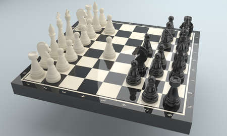 3d rendering porcelain chessmen on glossy chessboard. Development of Nimzovich-Larsen attack, Indian variationの写真素材