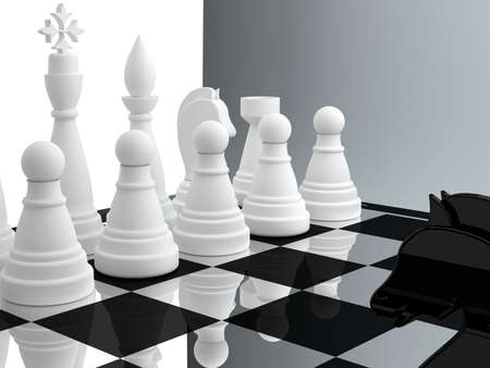 3d rendering plastic chessmen on glossy chessboard.の写真素材