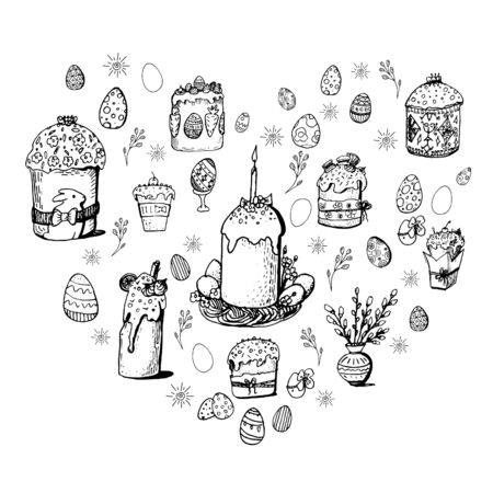Black and white Easter cakes with 
Easter eggs in a heartのイラスト素材