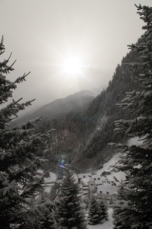 Beautiful alpine valley in snowy weather.の写真素材