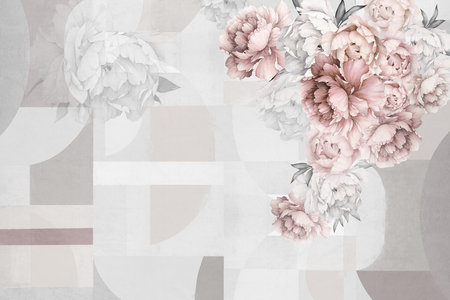 Beautiful 3D watercolor peonies in pink rose taupe color with geometrical background. llustration for wallpaper, mural, card, poster, interior decoration.の写真素材