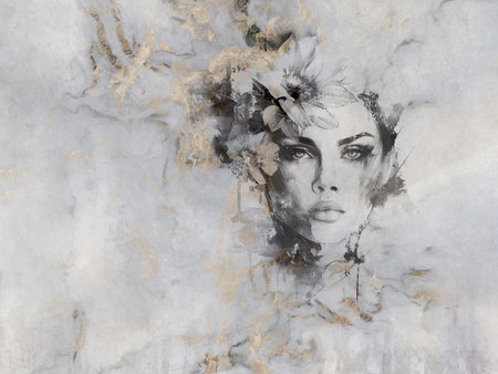 Beautiful woman's face with a flower on her head. Mural on marble.の写真素材