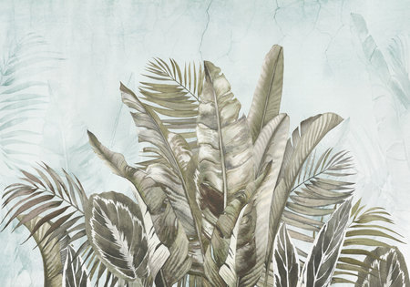 Huge banana leaves. Grunge photo wallpaper on the crack concrete wall. Illustration for wallpaper, fresco, mural. Modern, loft style.の写真素材