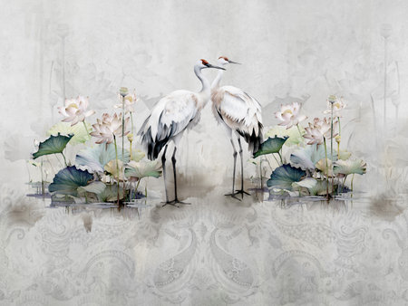 Painting with cranes that sit in the lotus, art on a textured background, photo wallpaper as a pictureの写真素材