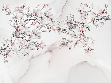 Blooming magnolia on tha abstract background. Illustration for wallpaper, photo wallpaper, mural, card, postcard, painting. Design in the loft, modern style.の写真素材