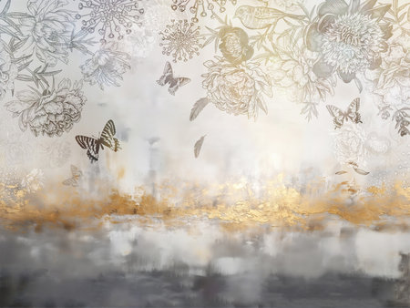 Wallpaper with gold elements. Abstract image, butterflies, bird, flowers. Decorative concrete.の写真素材