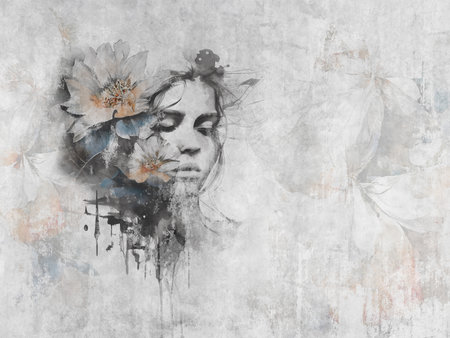 Beautiful woman face with spectacular flowers on concrete wall. Mural. Art painting on the wall. Illustration for wallpaper, decoration, poster, card.の写真素材