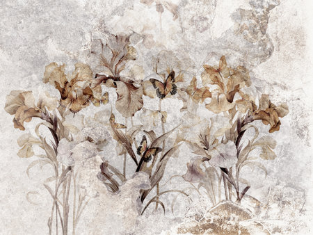 Beautiful irises with butterflies on the wall. Mural,の写真素材