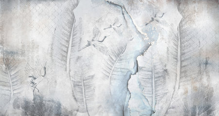 Beautiful leaves and cranes illustration on concrete crack wall with abstracd. Background for wallpaper, photo wallpaper, mural, card, postcard, painting. Design in the loft, classの写真素材