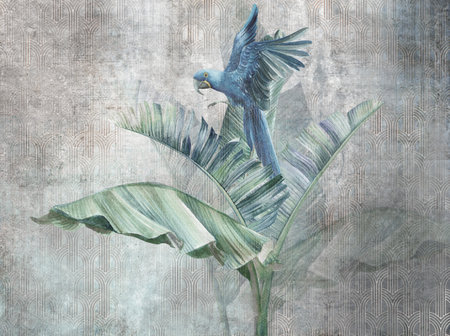 Parrot on big banana leaves. Grunge photo wallpaper with abstract elements on concrete background. Illustration for wallpaper, fresco, mural, poster, card.の写真素材