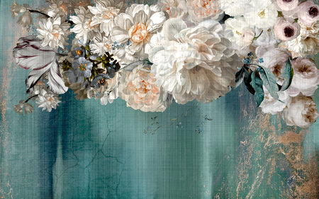 Spectacular 3D oil painting flowers on the light turquoise abstract background.の写真素材