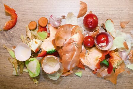Biological kitchen waste. Onion peels, egg shells, peppers inside, rotten cherry tomatoes, ginger peels,   peel of garlic and carrot.の写真素材